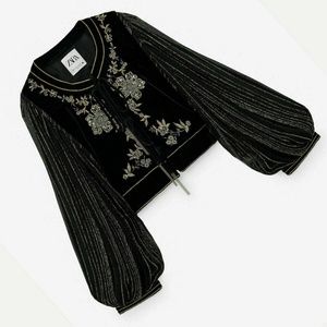 ZARA Embroidered Velvet Jacket Balloon Sleeves Black/Gold